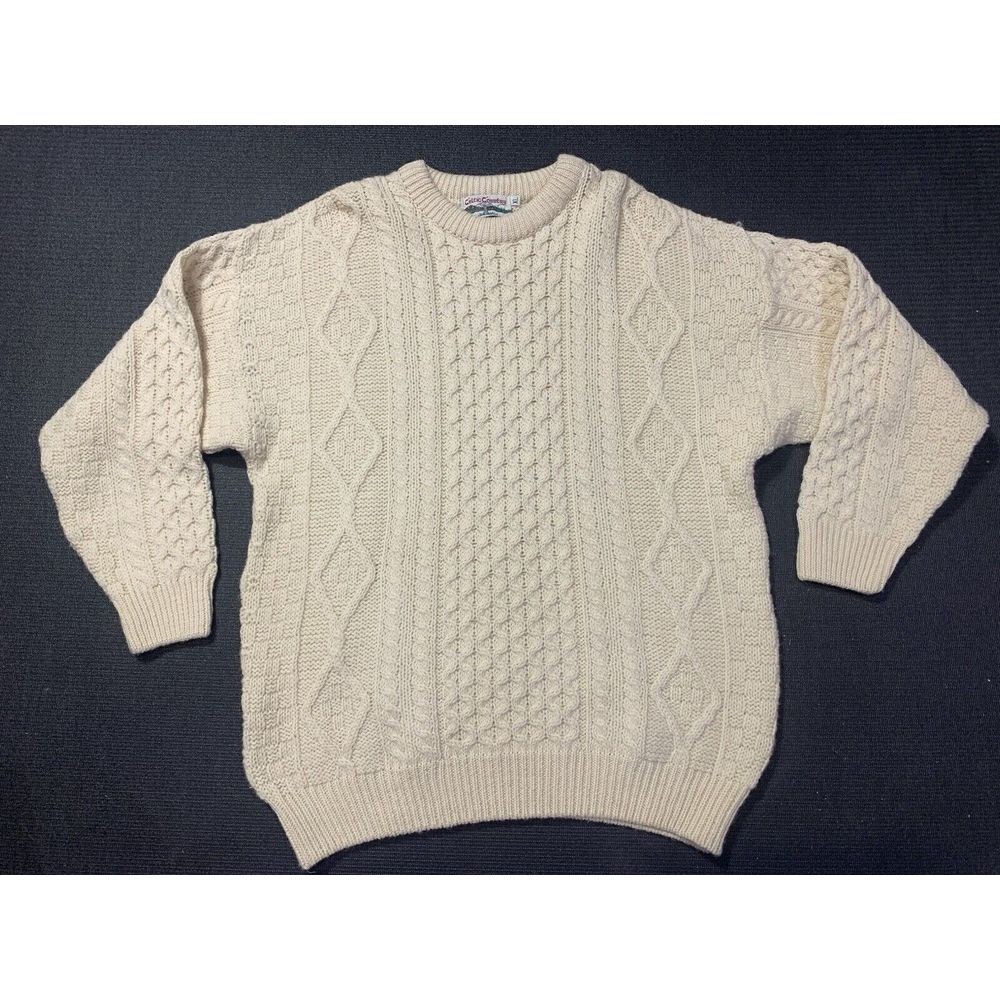 Vintage Celtic‎ Country 100% Wool Irish Cable Knit Sweater Cream Large/XL